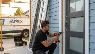 Technician repairing residential door alongside vinyl siding in Pittsburgh, PA