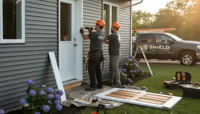 Technician repairing exterior vinyl door frame at home in Pittsburgh, PA