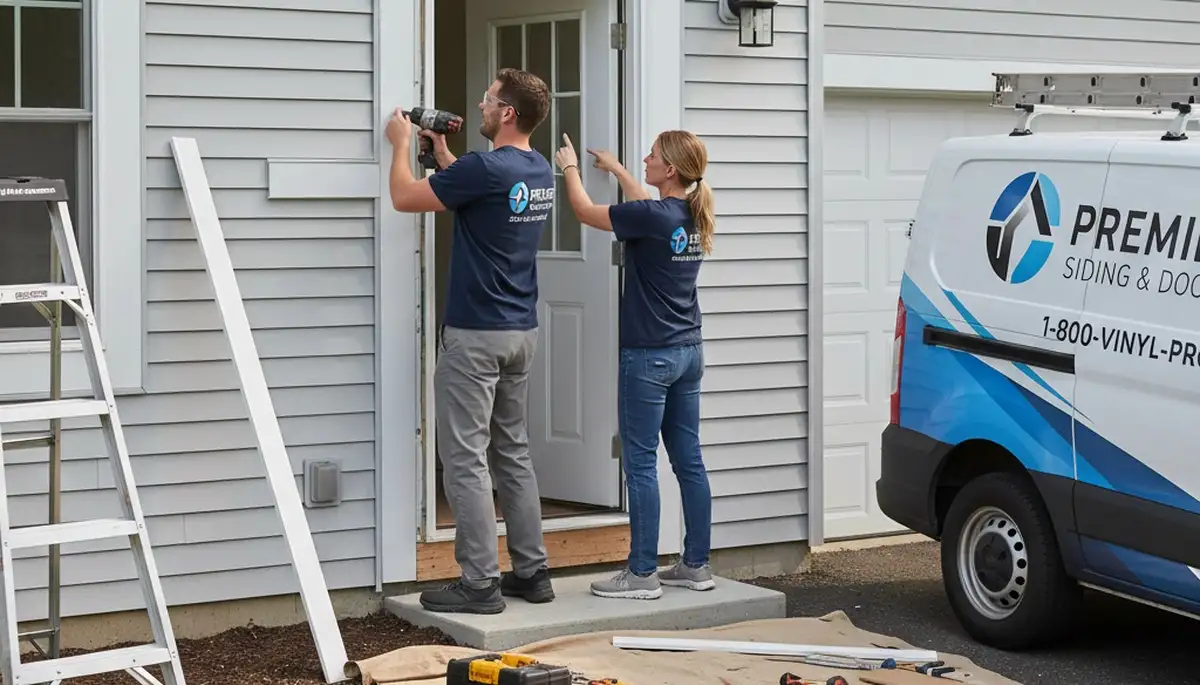 Technician repairing vinyl siding door frame in Pittsburgh PA home exterior