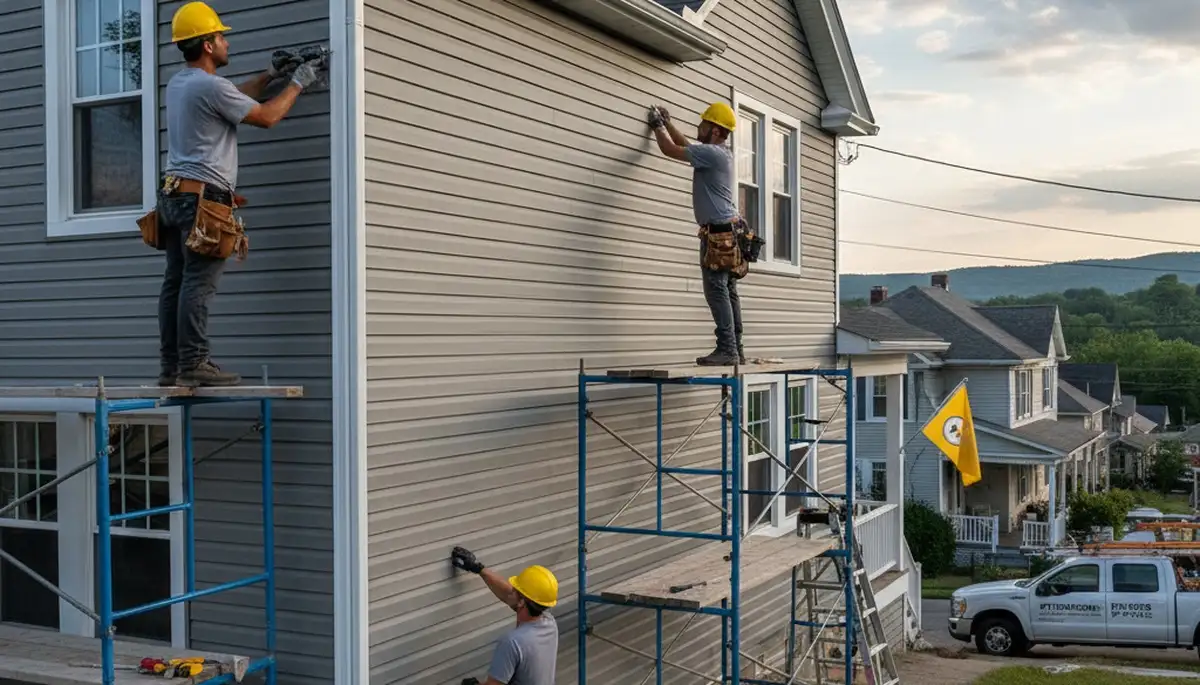 Technicians adding finishing touches to vinyl siding installation at a Pittsburgh, PA home