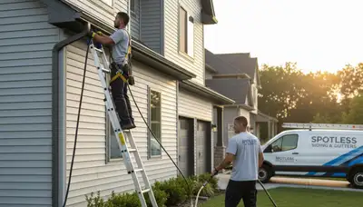 Technician cleaning residential gutters in Pittsburgh, PA for Next Level Exteriors vinyl siding service