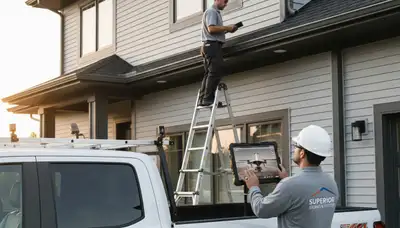 Technician performing gutter inspection on vinyl siding home in Pittsburgh, PA