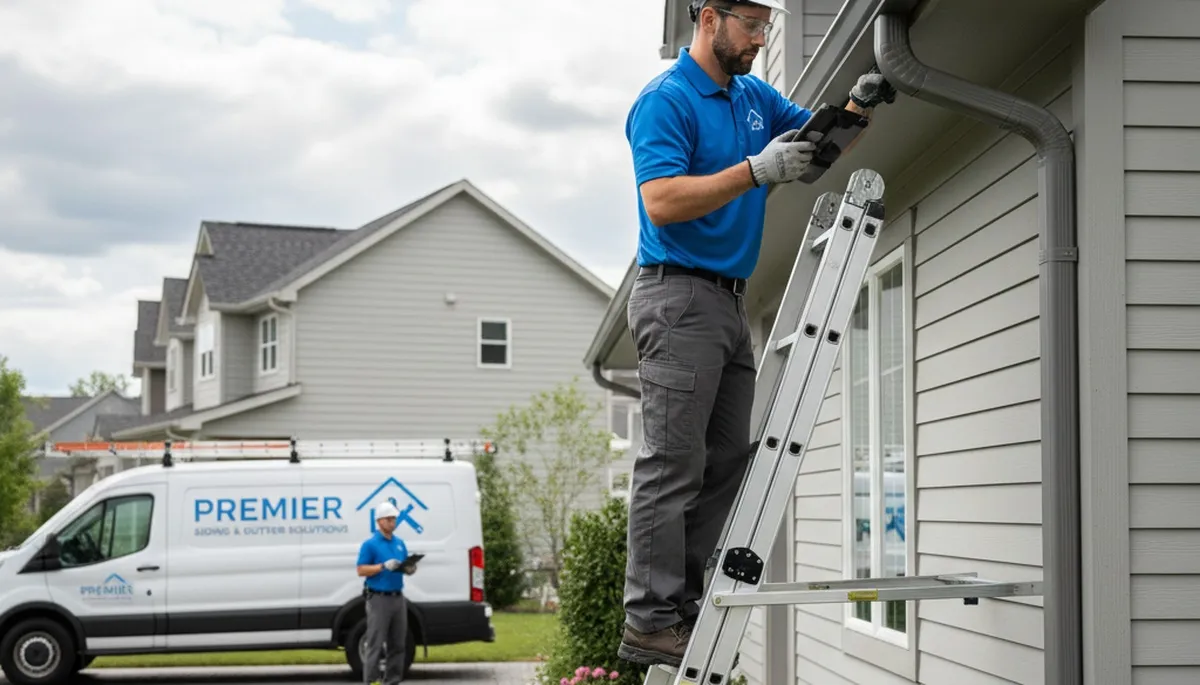 Technician performing gutter inspection on vinyl siding home in Pittsburgh, PA