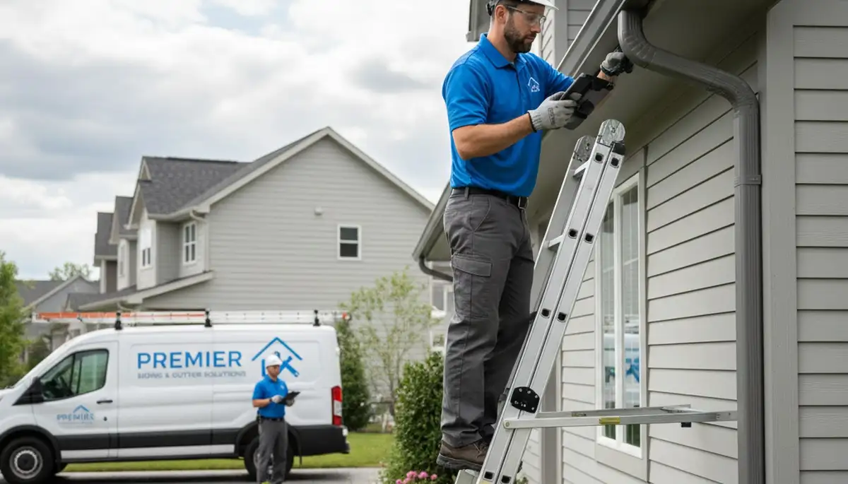 Technician performing gutter inspection on vinyl siding home in Pittsburgh, PA