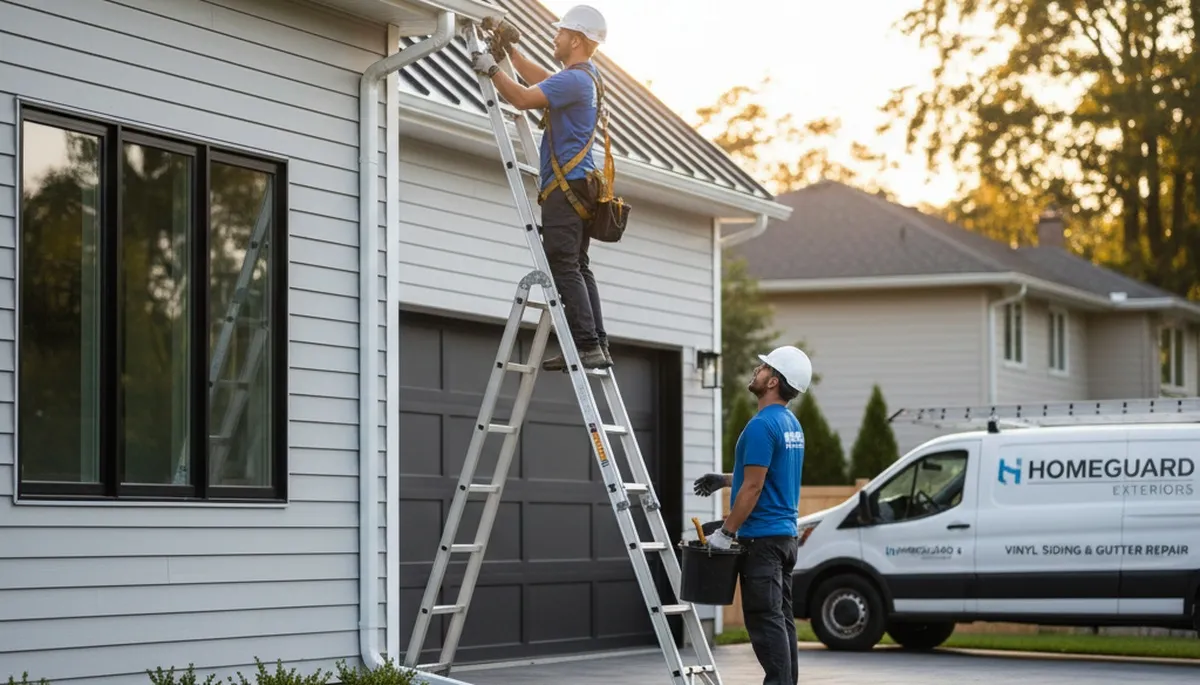 Technician performing gutter repair on vinyl-sided home in Pittsburgh, PA