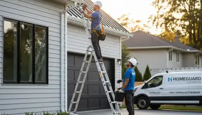 Technician performing gutter repair on vinyl-sided home in Pittsburgh, PA