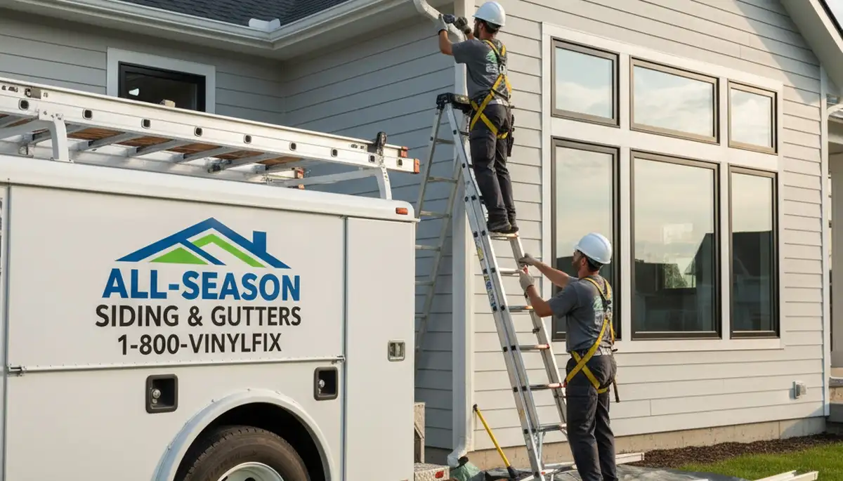 Technician repairing residential gutters and vinyl siding in Pittsburgh, PA