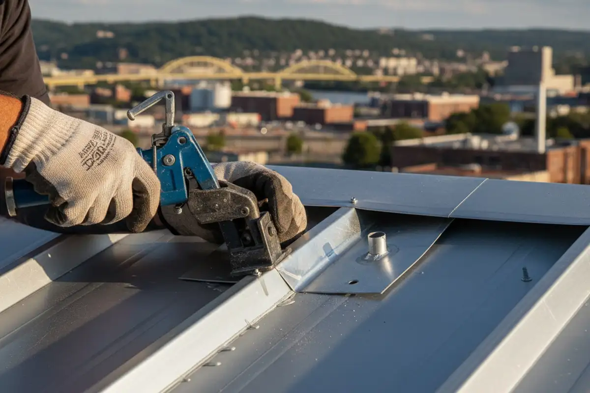 Technician sealing metal roof seams and flashing for durable installation in Pittsburgh, PA