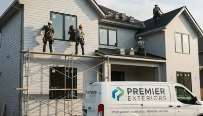 Roof installation team working on Pittsburgh PA home with durable vinyl siding and quality roofing