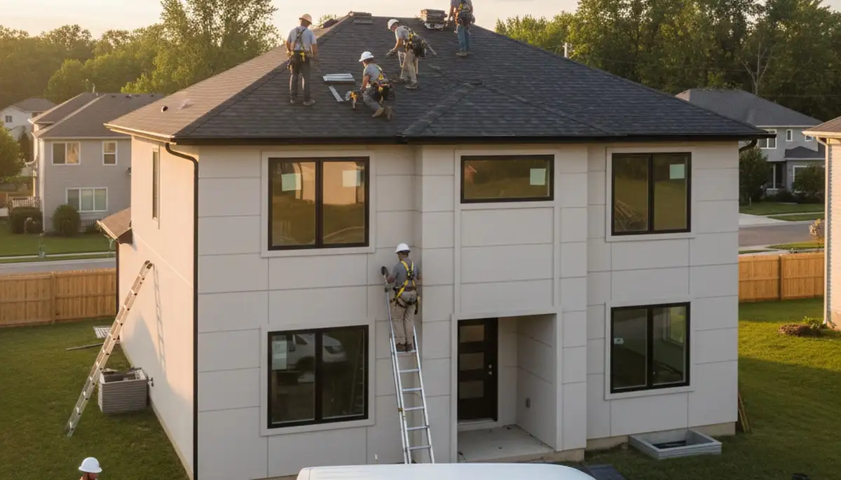 Roof installation experts working on Pittsburgh PA home exterior with durable vinyl siding