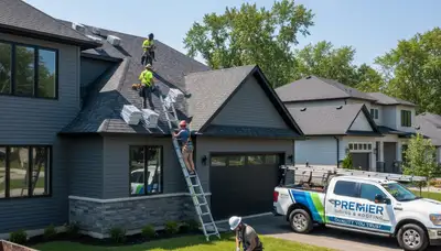 Roof repair crew fixing damaged shingles on Pittsburgh PA home exterior by Next Level Exteriors