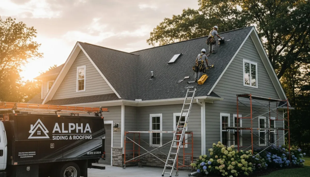 Roof repair specialists fixing storm-damaged shingles in Pittsburgh, PA home exterior