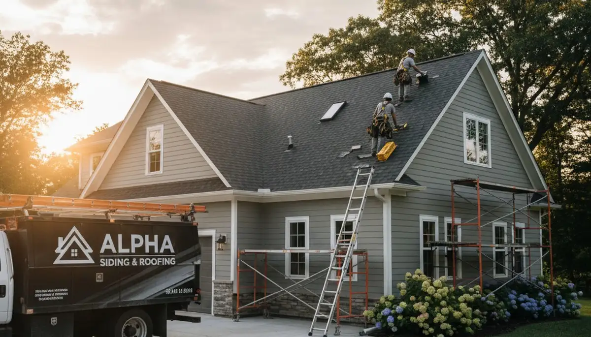 Roof repair specialists fixing storm-damaged shingles in Pittsburgh, PA home exterior