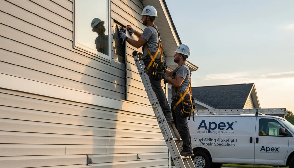 Technician repairing residential skylight near vinyl siding in Pittsburgh PA home exterior