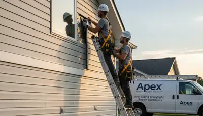 Technician repairing residential skylight near vinyl siding in Pittsburgh PA home exterior