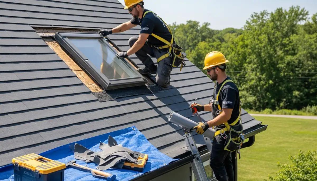 Technician repairing skylight on vinyl-sided roof in Pittsburgh, PA home by Next Level Exteriors