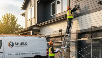 Technician repairing cracked vinyl siding on Pittsburgh PA home exterior