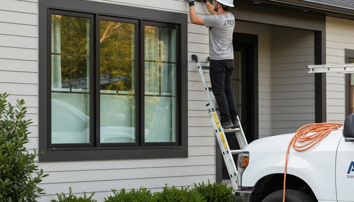 Technician repairing damaged vinyl siding on a home exterior in Pittsburgh, PA