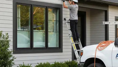 Technician repairing damaged vinyl siding on a home exterior in Pittsburgh, PA
