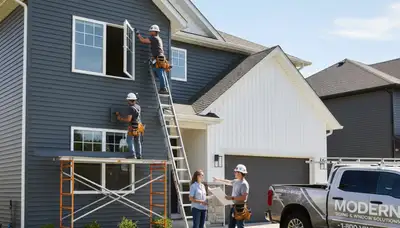 Technician repairing window frame on vinyl-sided home in Pittsburgh, PA by Next Level Exteriors