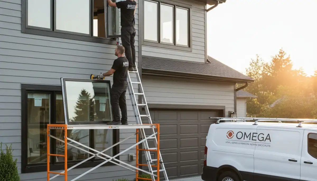 Technician repairing house window frame with vinyl siding in Pittsburgh, PA