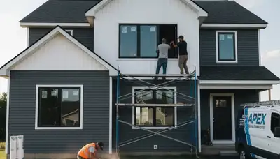 Technician installing new energy-efficient vinyl windows on a Pittsburgh PA home exterior